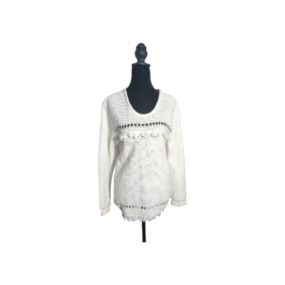 J. Crew 2X White Knit With Fringe Sweater Scandi Girl Neutral Boho Chic Preppy